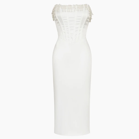 New pearl white satin Strapless Midi Dress size small - Picture 3 of 12